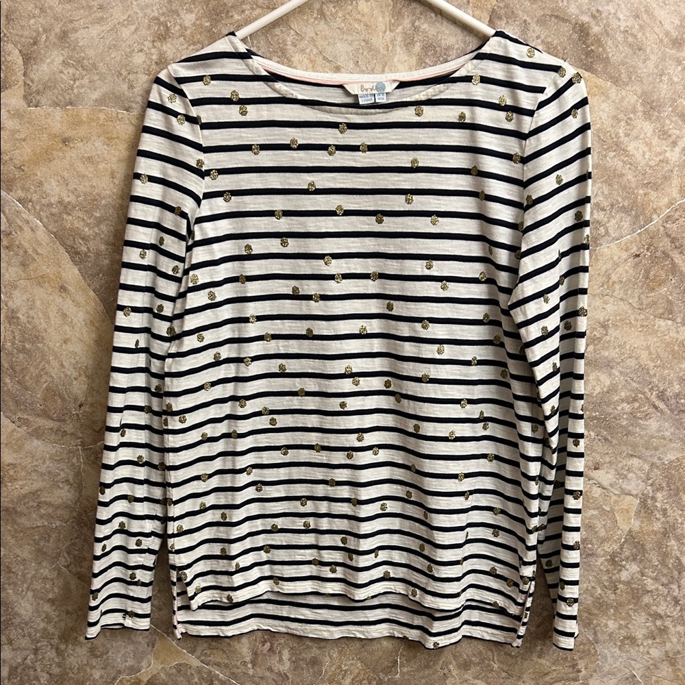 Boden Black and Cream Striped Long Sleeve Top with Gold Dots